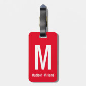 Eenvoudige, heldere rode en witte naam en monogram bagagelabel (Achterkant verticaal)