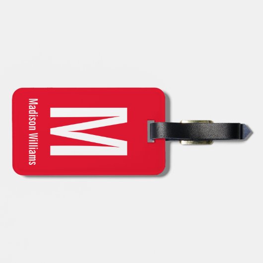Eenvoudige, heldere rode en witte naam en monogram bagagelabel (Achterkant horizontaal)