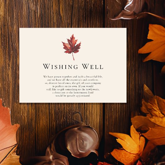 Eenvoudige Herfst Leaf Cream Bruiloft Wishing Well Informatiekaartje