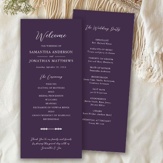 Eenvoudige Herfst Paarse Elegant Script Trouwcerem Programmakaart