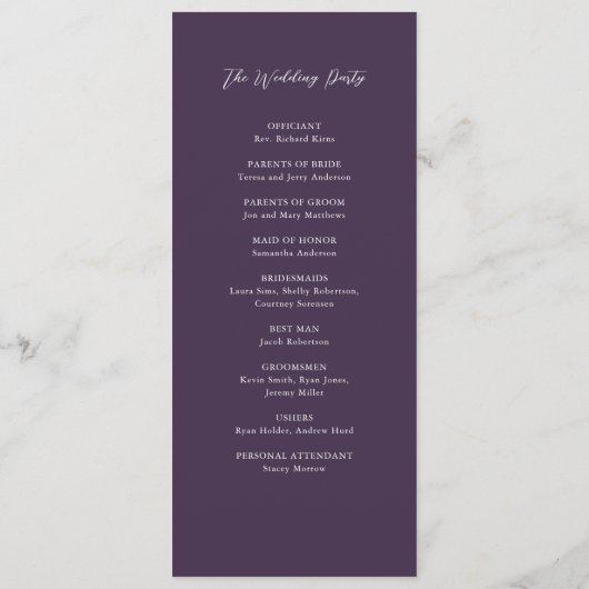 Eenvoudige Herfst Paarse Elegant Script Trouwcerem Programmakaart (Achterkant)