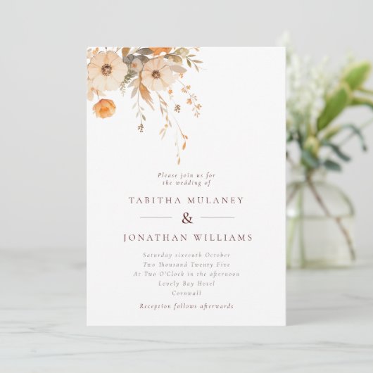 Eenvoudige Herfst Wildflowers Oranje bruiloft Kaart (Staand voorkant)