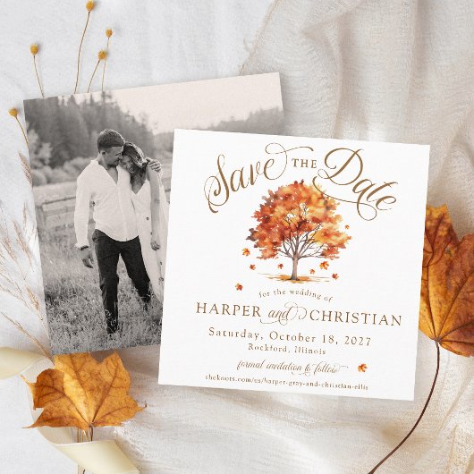 Eenvoudige herfstblad boom moderne foto herfsttrou save the date