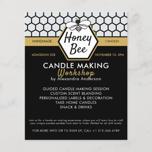 Eenvoudige Honey Bee Honeycomb Zwart Geel Workshop Flyer (Voorkant)