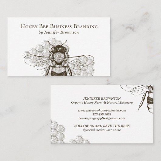Eenvoudige Honeycomb Bee Retro Apiary Visitekaartje (Voorkant / Achterkant)