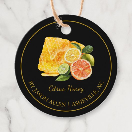 Eenvoudige Honeycomb Citrus Infused Honey Hang Lab Bedankjes Labels (Voorkant)
