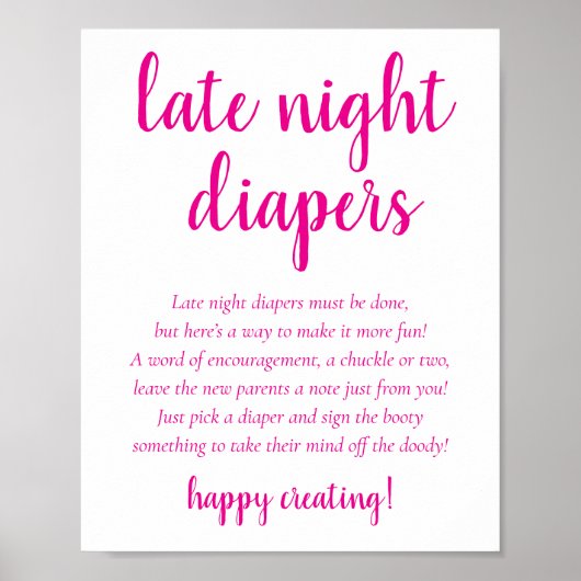Eenvoudige Hot Pink Late Night Luiers | Baby Showe Poster (Voorkant)