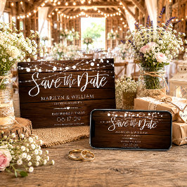 Eenvoudige Houten en Snaarverlichting Rustieke Tro Save The Date