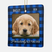 Eenvoudige huisdier hond foto blauw buffel geruite keramisch ornament (Links)