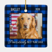 Eenvoudige huisdier hond foto blauw buffel geruite keramisch ornament (Achterkant)