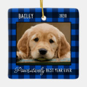 Eenvoudige huisdier hond foto blauw buffel geruite keramisch ornament (Voorkant)