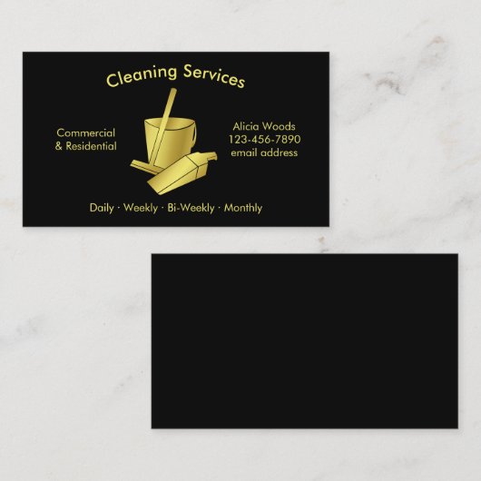 Eenvoudige huisschoonmaakdiensten Zwart en Goud Visitekaartje (Voorkant / Achterkant)
