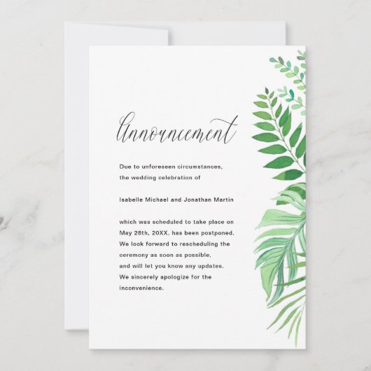 Eenvoudige huwelijksuitstel aankondiging met blade (Voorkant)