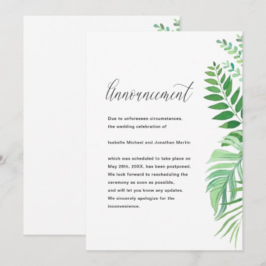 Eenvoudige huwelijksuitstel-aankondiging met blade aankondiging (Voorkant / Achterkant)