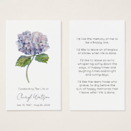 Eenvoudige Hydrangea Rouw Herdenkings Gebedskaart Visitekaartje