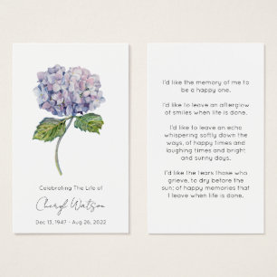 Eenvoudige Hydrangea Rouw Herdenkings Gebedskaart Visitekaartje