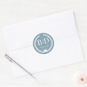 Eenvoudige Icy Slate Blauw Monogram Huwelijk Ronde Sticker
