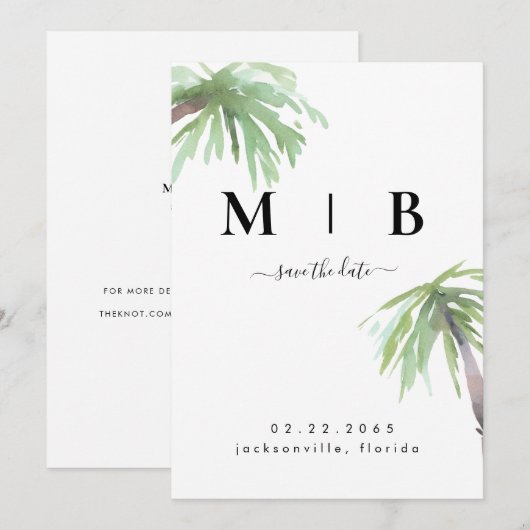 Eenvoudige Initialen Tropical Wedding Vertical Save The Date (Voorkant / Achterkant)