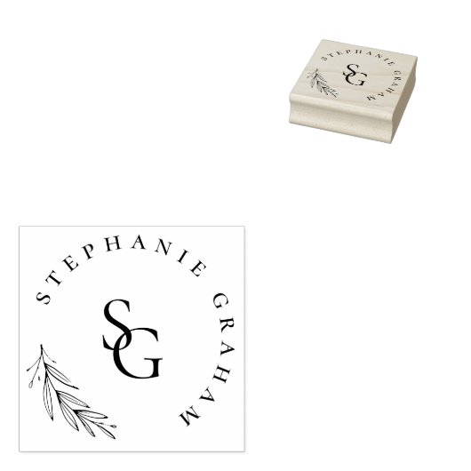Eenvoudige Initialen voor Botanische Branch Wedden Rubberstempel (Gestempeld)