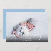 Eenvoudige introducerende scriptjongen blauwe foto aankondiging (Voorkant / Achterkant)