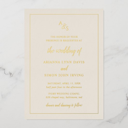 Eenvoudige Ivoor Monogram Formele Elegante Bruilof Folie Uitnodiging (Voorkant)