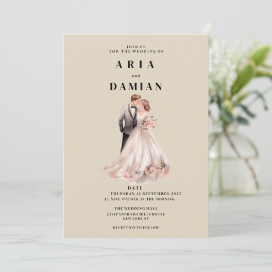 Eenvoudige ivoor roze bloemenpaar foto Bruiloft Kaart (Staand voorkant)
