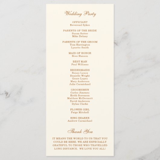 Eenvoudige ivoren koper elegante bruiloft programmakaart (Achterkant)