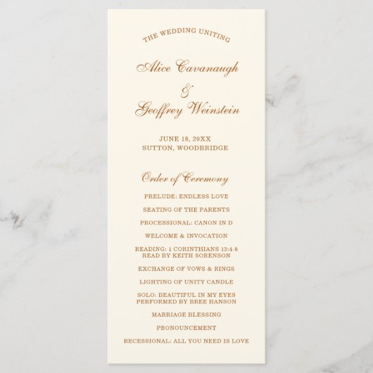 Eenvoudige ivoren koper elegante bruiloft programmakaart (Voorkant)