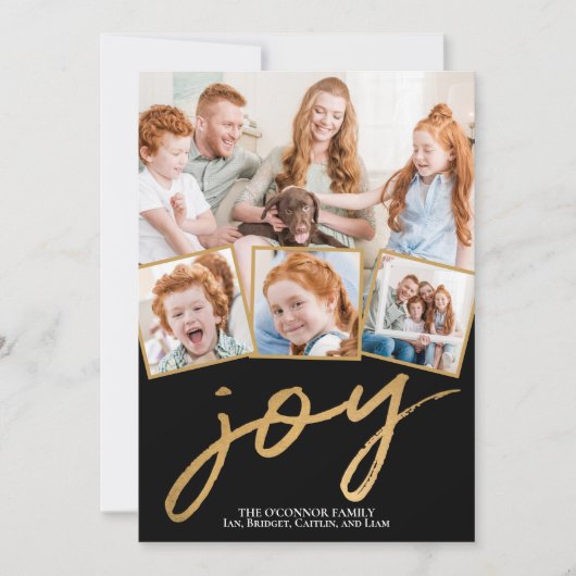 Eenvoudige Joy 5-foto Gold Script zwart Feestdagenkaart (Voorkant)