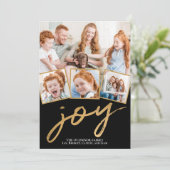 Eenvoudige Joy 5-foto Gold Script zwart Feestdagenkaart (Staand voorkant)