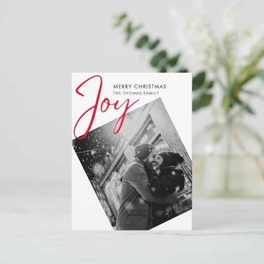 Eenvoudige Joy Christmas Minimalist rode foto Feestdagenkaart (Staand voorkant)