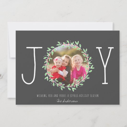 Eenvoudige Joy Wreath Dark Grey kerstfoto Feestdagenkaart (Voorkant)