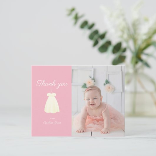 Eenvoudige jurk doop foto Dank u Briefkaart (Staand voorkant)