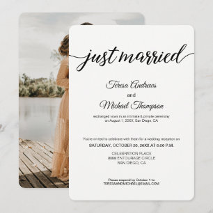 Eenvoudige 'Just Married' Foto Bruiloftsreceptie Kaart