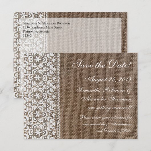 Eenvoudige Jute en Kant Aankondigingskaart (Voorkant / Achterkant)