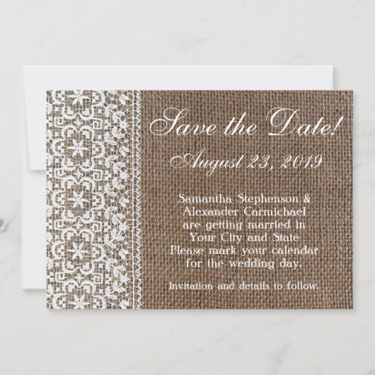 Eenvoudige jute en kant save the date (Voorkant)