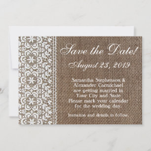 Eenvoudige jute en kant save the date