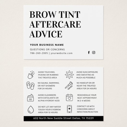 Eenvoudige Kaart Brow Tint Aftercare Instructions (Voorkant /achterkant)