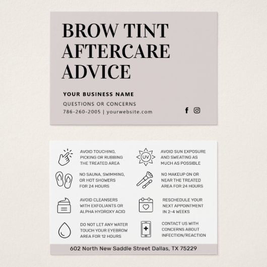 Eenvoudige Kaart Brow Tint Aftercare Instructions (Voorkant /achterkant)