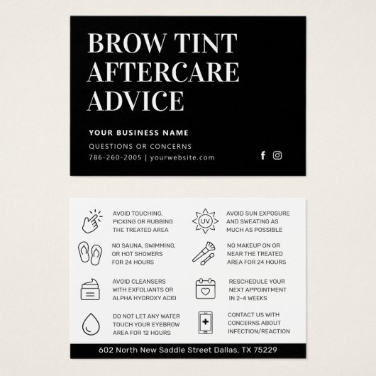 Eenvoudige Kaart voor zwarte-Brow Tint Aftercare I (Voorkant /achterkant)
