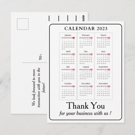 Eenvoudige kalender 2023 Aangepaste zakelijke beda Briefkaart (Voorkant / Achterkant)