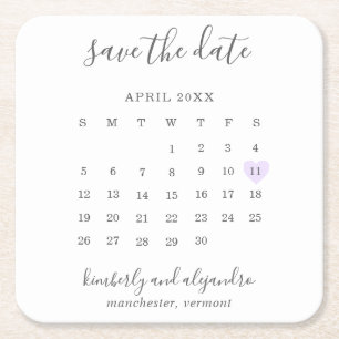 Eenvoudige kalender pastel paarse hart save the da kartonnen onderzetters