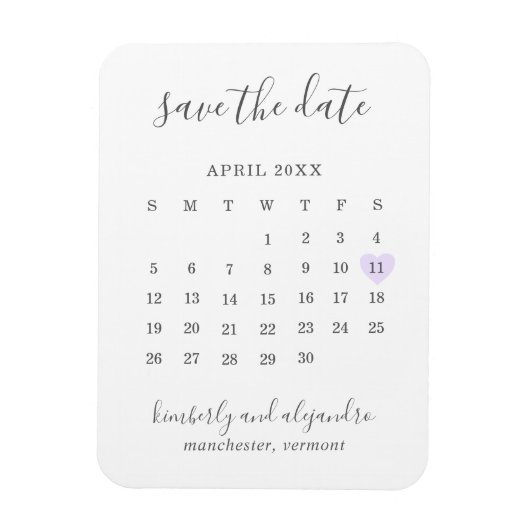 Eenvoudige kalender pastel paarse hart save the da magneet (Verticaal)