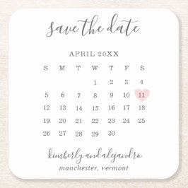 Eenvoudige kalender pastel roze hart save the date kartonnen onderzetters