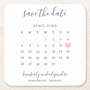 Eenvoudige kalender pastel roze hart save the date kartonnen onderzetters