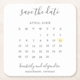 Eenvoudige kalender pastelgeel hart save the date kartonnen onderzetters