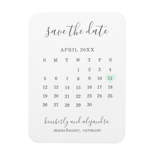 Eenvoudige kalender Pastelgroene hart datum reserv Magneet (Verticaal)