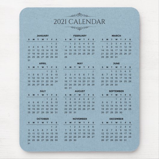 Eenvoudige kalender voor 2021 op blauw papier | Mo Muismat (Voorkant)