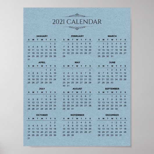 Eenvoudige kalender voor 2021 op blauw papier | PO Poster (Voorkant)