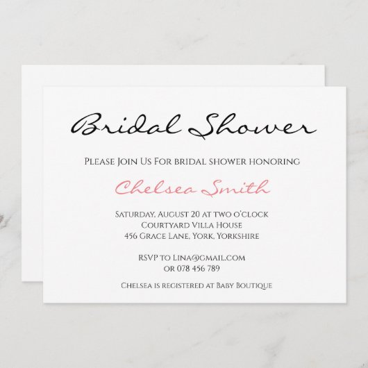 Eenvoudige Kalligrafie Bruids Douche Uitnodiging (Voorkant / Achterkant)